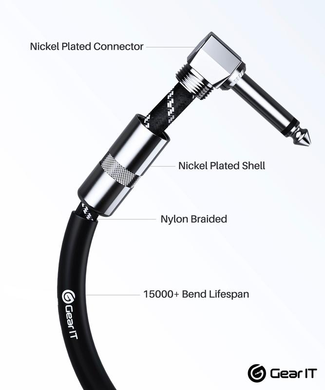 GEARit Right Angle to Straight 1/4 Inch Male to Male Guitar Instrument Cable, Black bass guitar