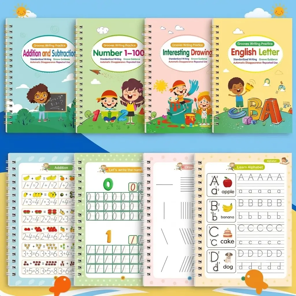 Noluck 4 Pcs Magic Grooved Practice Copybook, Reusable Writing Magic Book, Grooved Handwriting Workbooks, Large Practice Scribe Book Set for Kids Preschool Calligraphy Learning Number Letter Math Drawing Tracing Books