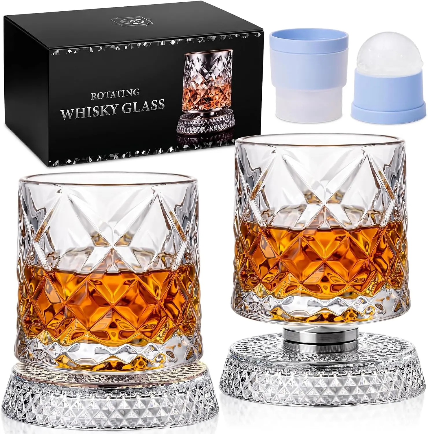 Spinning Whiskey Glass Set of 2, 9oz 360° Rotating Old Fashioned Glass with Ice Ball Molds, Ice Crackle Tumbler for Bourbon Cocktails, Unique Home Bar Gift for Men Housewarming Father’s Day