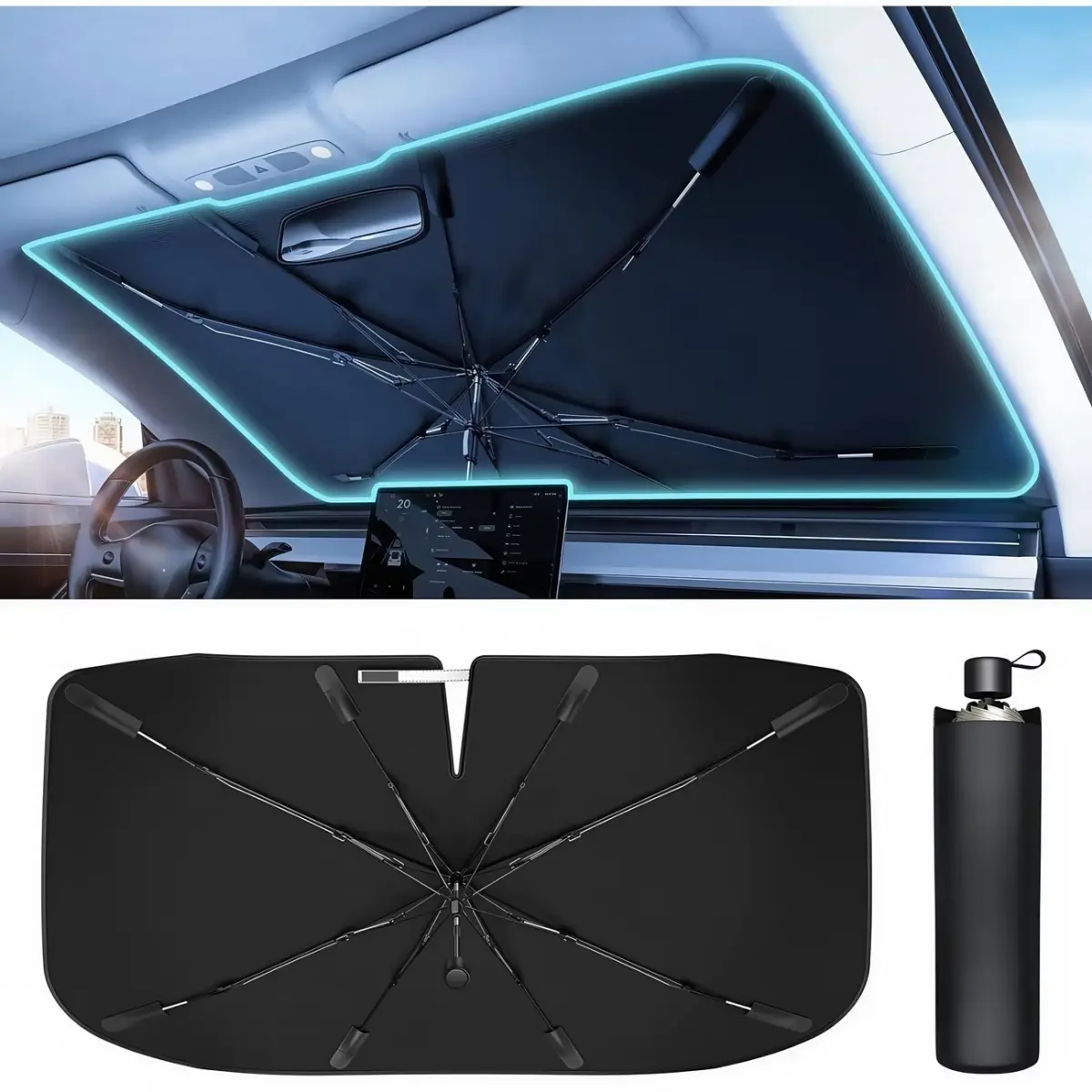 Umbrella Shape Car Sunshades for Windshield - 56" L x 31" W Vinyl Coated Heat Shield, Durable Sun Shade, Cooling UV Protective Cover, Corner Springs Structure Edge Car Interior Protector