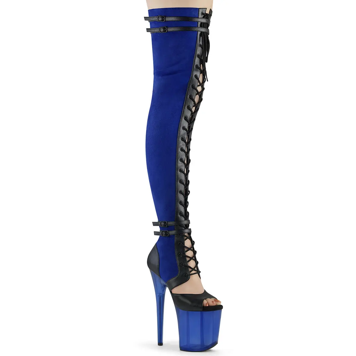 Women's Thigh-High Boots in Blue Suede, Open-Toe Stiletto with 8-Inch Heel, 4-Inch Platform Base, Lace-Up Front and Buckle Straps, Lace Up Boot, Zip, Dramatic Silhouette, Daredevils, Performance, Boot Heels, Footwear