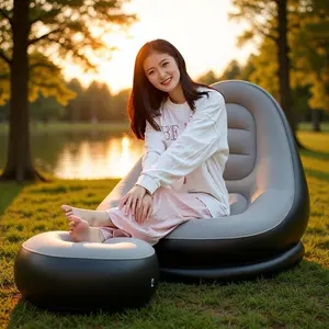 Inflatable Air Sofa Lounger - Premium Flocked Air Mattress with Inflatable Stool Set, Portable Blow Up Couch for Camping, Beach, Living Room & Office Nap