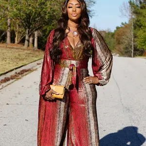 Curvy Girl Attic Shine Latern Sleeve Jumpsuit - Womenswear, Red and Gold, Long Sleeves, Versatile Style for Women - Overalls