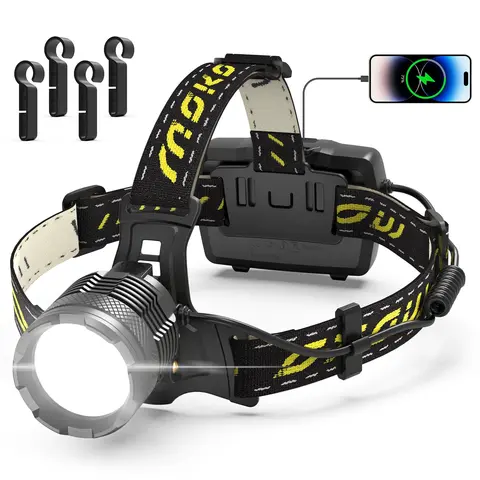 MoKo Adjustable Headlamps with Built-in Flashlight & Headband, 150000 Lumen 50W Bulb, USB Rechargeable, 60H Battery Life, Detachable, 8 Modes, IP68 Waterproof, 90° Motion Sensor, Hands-Free Bushcraft Headlamps for Running, Hunting Outdoor Gear