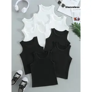 8-piece set of boys' tank tops, black and white mixed multi-piece set for infants, toddlers, and elementary school students, versatile sleeveless tank tops, simple style basic design, suitable for beach vacations or as a base layer tank top