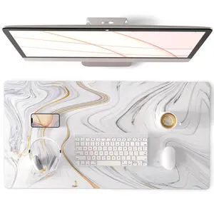Mouse Pad, Cute Marble Large Desk Mat, Leather Desk Protector Mousepad, Gold Grey Striped Waterproof Computer Keyboard Gaming Mouse Pads, Non Slip Extended Writing Pad 31.5" x 15.7"