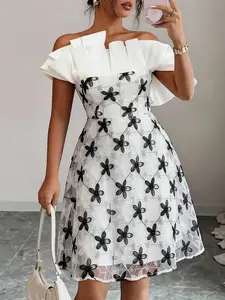 Women White One Shoulder A-Line Dress Lotus Leaf Shape Mesh Sequin Patchwork Plate Flower Short Dress Wedding Guest Dress