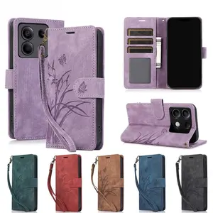 Flower Pattern Flip PU Leather Case with Card Slots, 1 Count Wallet Card Slots Phone Cover, Mobile Phone Bag with Wrist Strap for Xiaomi Redmi Note 12