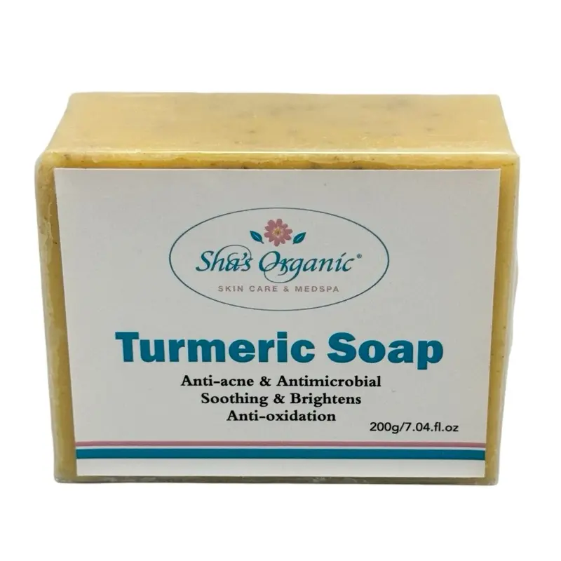 Sha's Organic Skincare Solid Turmeric Ginger Olive Facial Cleanser Bar with Vitamin C Powder Pack - Gentle for Adults, Blemish Prone Skin, Acne Treatments, Oil Control, Moisturizing, Dark Spot Brightening, Even Skin Tone, Dark Circles Support, 200g