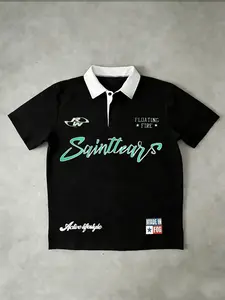 "Sainttears" Retro Sporty Contrast Color Collar Polo Shirt - Black, Retro Vibe  Mint Green Cursive + American Badge, Heavyweight Piqué Cotton. A Must-Have for Lovers of American Retro and Preppy Styles. #Sainttears Retro Polo #PreppyStyle