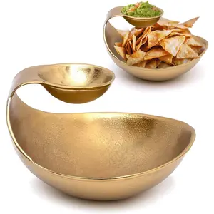 Tiered Gold Brass Chip and Dip Serving Bowl Decorative Centerpiece Platter for Snack Candy Salad Nuts Salsas Serveware Tray for Home Decor Entertaining Gift