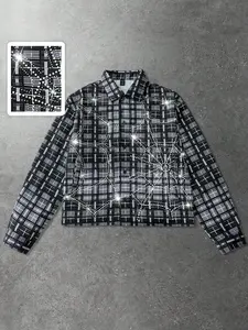 Men's Street Style Shirt with Rhinestone Plaid Pattern, Long Sleeve, American Street Fashion, Casual Wear, Perfect for Daily