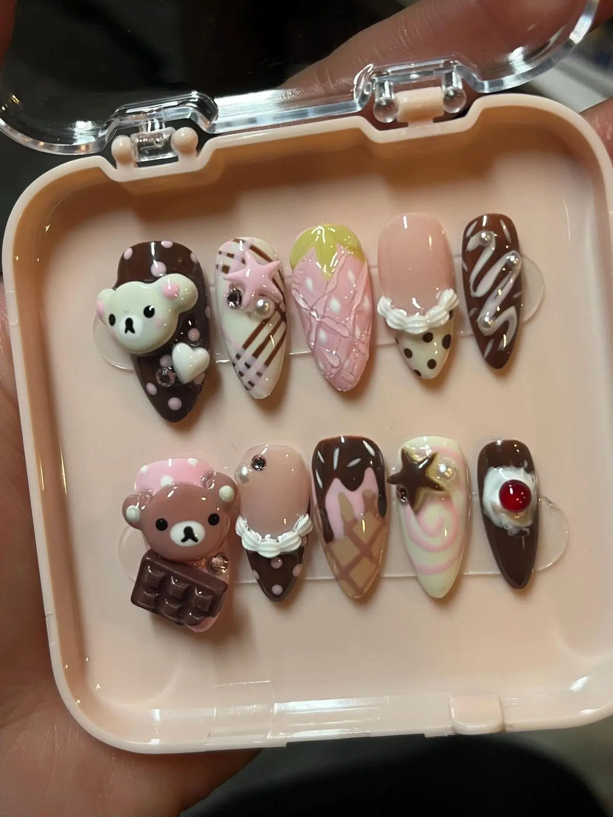 Kawaii Chocolate Bear Press-On Nails | Cute 3D Dessert & Sweet Bear Nail Art | FREE Adhesive Tabs FREE Nail File FREE Cuticle Stick
