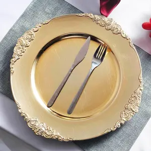 6-Pack Acrylic Charger Plates 13" Round Gold Embossed Baroque Rim - Antique Decorative Dinner Party Charger Tableware