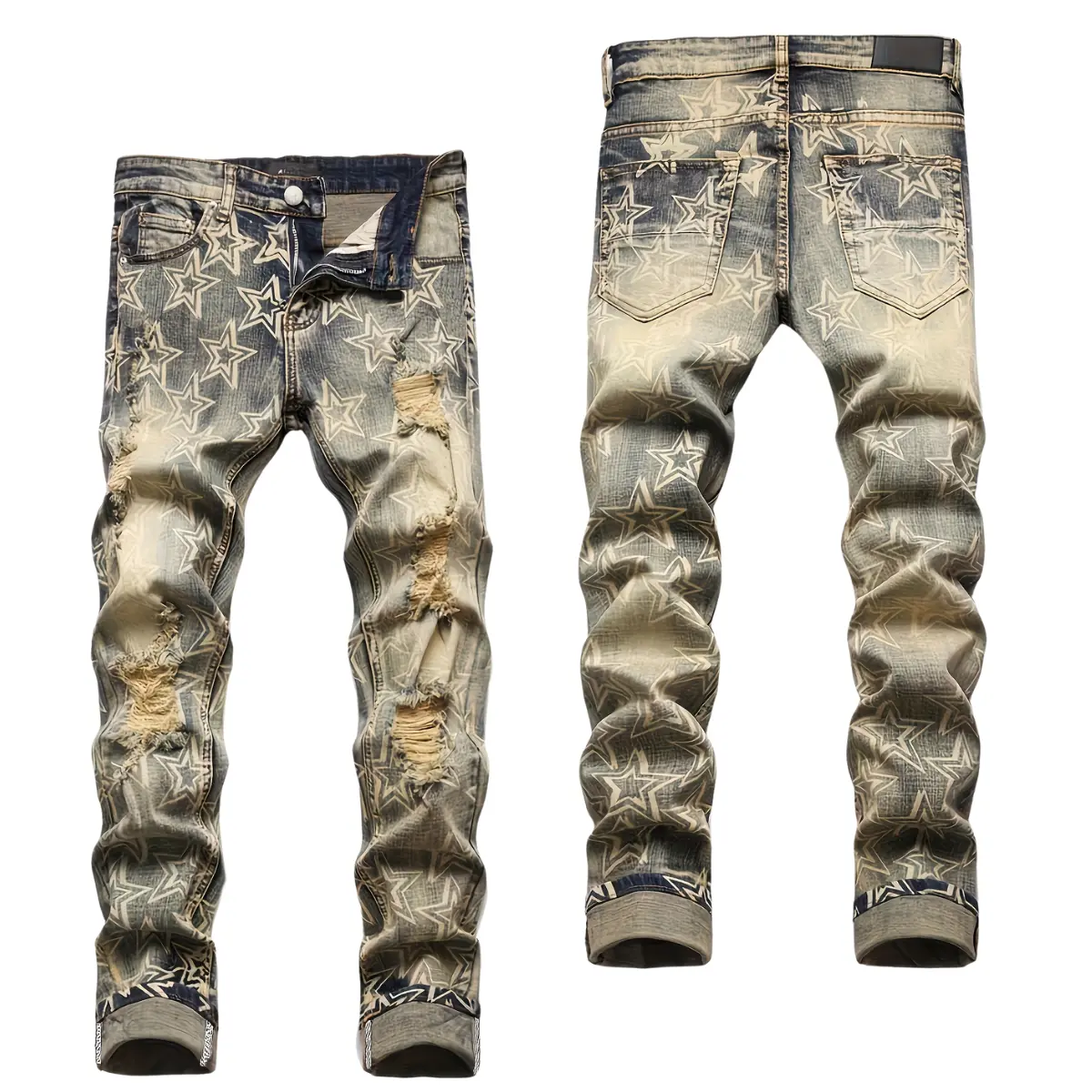 Men's Vintage Casual Classic Retro Star-Pattern Graphic Straight-Leg Denim Jeans - Denim Clothing, Clothes, Streetwear Basics with Zipper-Button Closure, Slant Pockets, Back Pockets, All-Season Menswear Bottoms