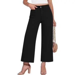 Cropped Jeans for Women Trendy Wide Leg High Waisted Patch Pocket Stretchy Denim Pants Short Trouser Jeans
