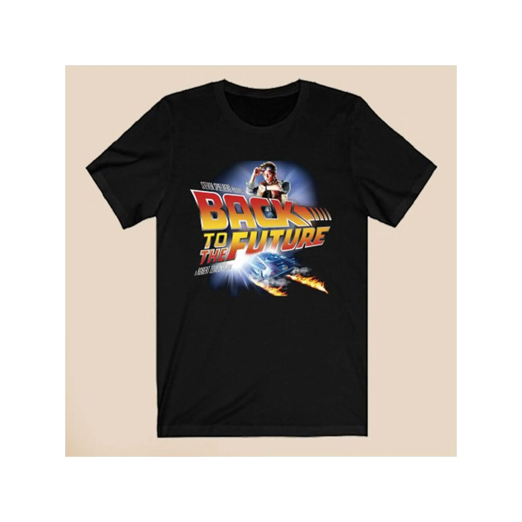 Men's Vintage Back to the Future T-Shirt, Pure Cotton DeLorean Graphic Print, Casual Regular Fit Short Sleeve for Chinese New Year, Round Neck, Easter, Retro, Songkran, Thanksgiving