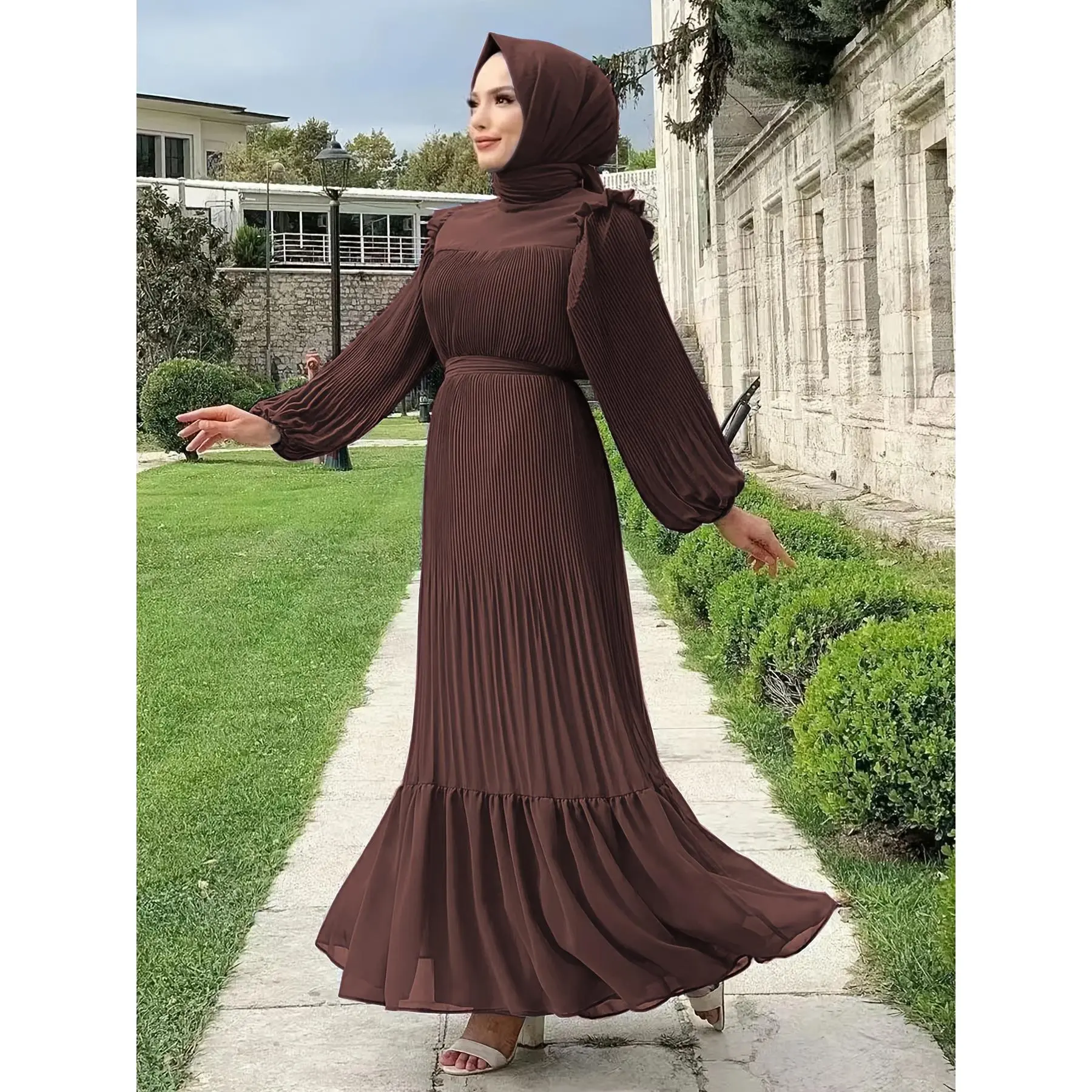 [Ramadan Pleated Kaftan Dress] Ramadan Lantern Sleeve Pleated Kaftan Dress, Elegant Ruffle Trim Maxi Length Dress, Women's Clothing