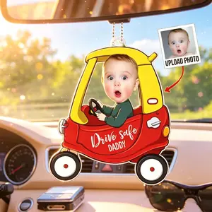 Personalized 1-5 Kid Photos Car Hanger, Drive Safe Daddy Acrylic Car Ornament, New Dad Gift, 1st Father's Day Gift For Dad, Gift For Husband/Grandpa