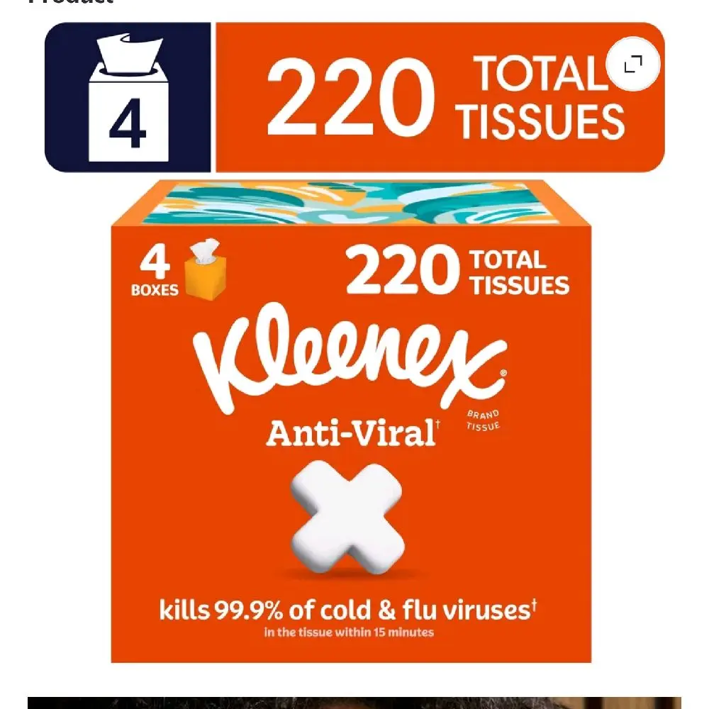 Kleenex Anti-Viral 3-Ply Facial Tissues, 4 Cube Boxes, 220 Total Tissues