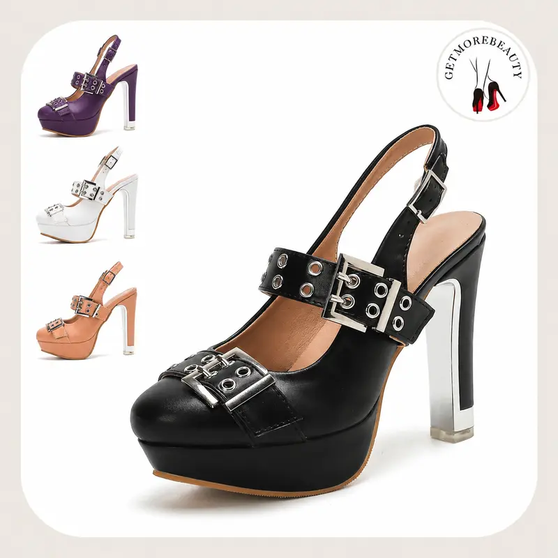 Getmorebeauty Women's Leather Footwear - 4.7 in Chunky Narrow Block Heel Closed-Toe Slingback Pumps, Adjustable Strap, 1.1 in/1.1" Platform Lift, Cushioned Stud Heels for Wedding Summer Prom, Black Casual Shoes