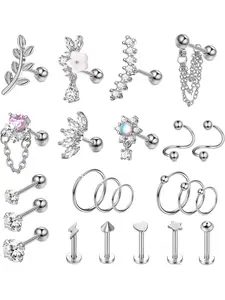 Dazzling 23 Pcs Silvery Cute Ear Studs Hoops Cartilage Conch Piercing 316L Surgical Stainless Steel Copper Jewelry for Women Men Helix Earrings Tragus Earrings Opal CZ Labret Jewelry Nose Lip Rings
