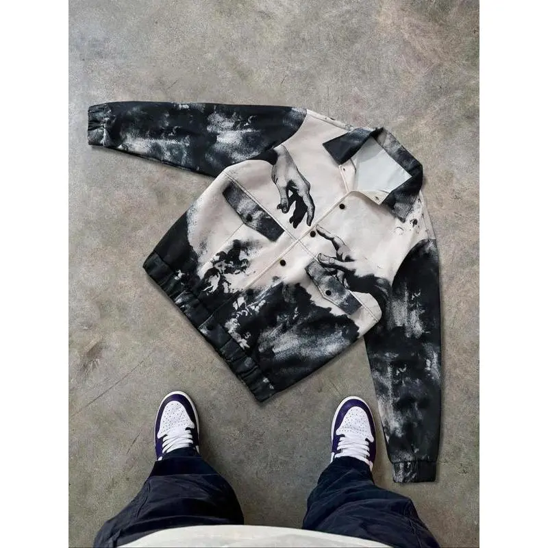 Men's Denim-effect Print Pocket Zipper Jacket, Loose Casual Long Sleeve Outerwear for Spring & Fall, Fashion Men's Clothes for Daily Wear, Coats Men's Denim-effect Print Pocket Zipper Jacket, Loose Casual Long Sleeve Outerwear for Spring & Fall, Fashion Men's Clothes for Daily Wear, Coats