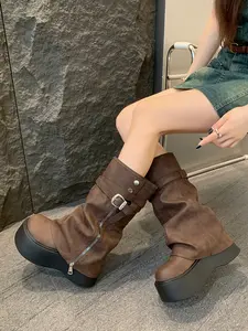 Women's Fall Winter Thick Sole Wide Calf Boots, Maxis Design, Fashionable Comfortable Casual Party Wear, High-Quality Material, Winter Warm Boots