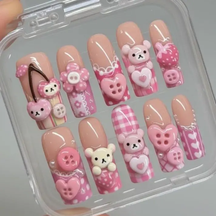 Kawaii Teddy Bear Press On Nails 3D Cute Pink Heart and Button Gingham Plaid Strawberry Sweet Girly