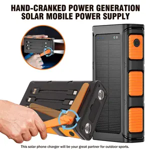 20000mAh Portable Solar Charger Power Bank with Hand Crank & 3 Built-in Cables, 20W Fast Charging, 4-Input Battery Pack with Dual LED Lights & Compass fathersdaygift