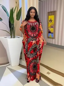 African Style Women's Dress, Summer Loose Fit Casual Boho Breathable Plus Size Print Rhinestone Ethnic Boubou Kaftan, Elegant Chic Party Travel Daily Comfortable Round Neck Short Sleeve Dress, Large Scarf Fringe Decoration