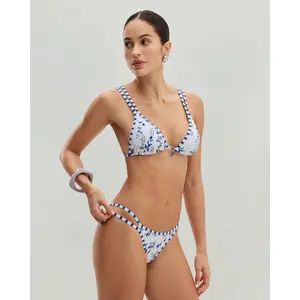 rihoas White Floral 2-Piece Drawstring Triangle Swimwear Set, Plunging Top, Floral Bottom, Polyester for Sports & Outdoor Use, Floral Bikini Bottom,summervibes