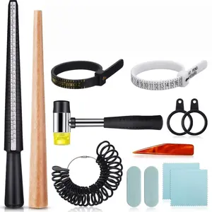 11-Piece Metal US-UK Ring Mandrel Set (Black) – Sizes 1-13 with Half Sizes, Ring Sizer Gauge, Jewelry Hammer, Adjuster, Polishing Cloth, Polishing Stick, Polished Agate Knife, Measuring Tool
