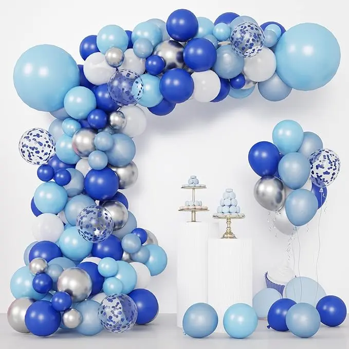 130pcs Blue Balloons Garland Arch Kit, Royal Blue and Baby Blue White Chrome Sliver Balloons Arch for Shower Birthday Graduation Party Decorations