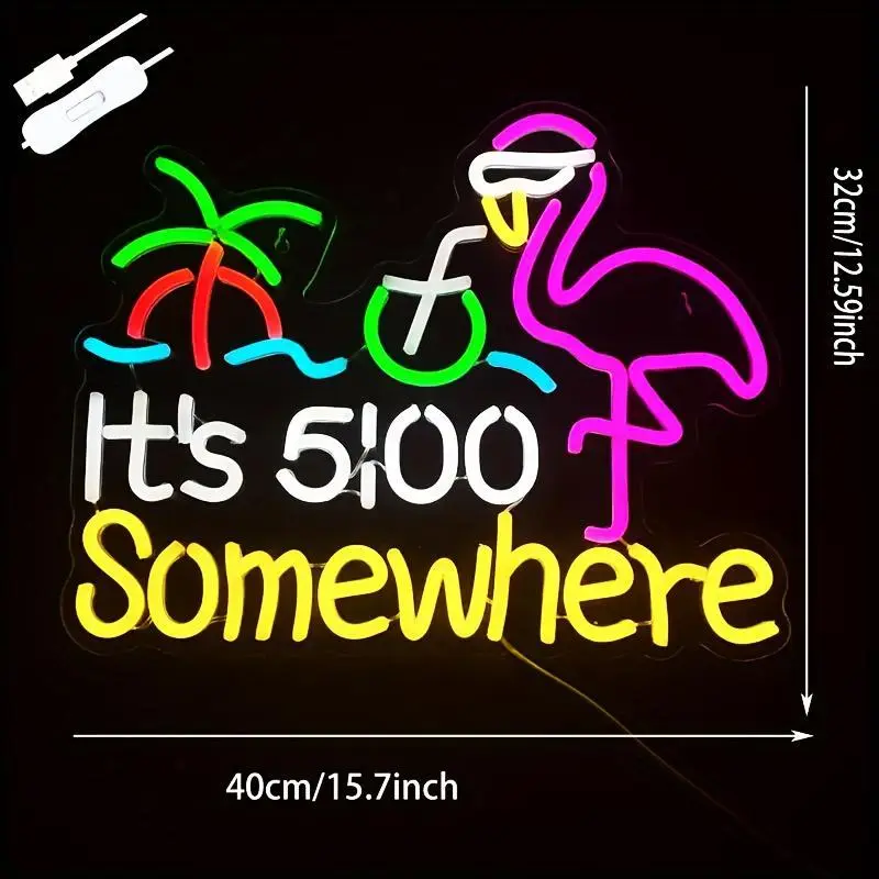 "5 O'Clock Somewhere" Decorative Neon Light - USB-Powered Plug-and-Play Indoor LED Wall Decor, Vibrant Whimsical Letter-Shaped Neon-Lit Illuminated Novelty Lighting for Bar Ambiance summerwins