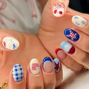 4th of July Press on Nails Medium Oval Fake Nails with Designs Checkered | Star | American flag,Cute Reusable Independence Day Glue on Nail Full Cover 4th of July Nails for Women Manicure 24Pcs