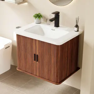 Giratree 24" Floating Bathroom Vanity with Sink, Wall Mounted Bath Vanity Combo with Fluted Sliding Doors, Small Space Bathroom Cabinet with Ceramic Vessel Sink, Faucet & Drain Included