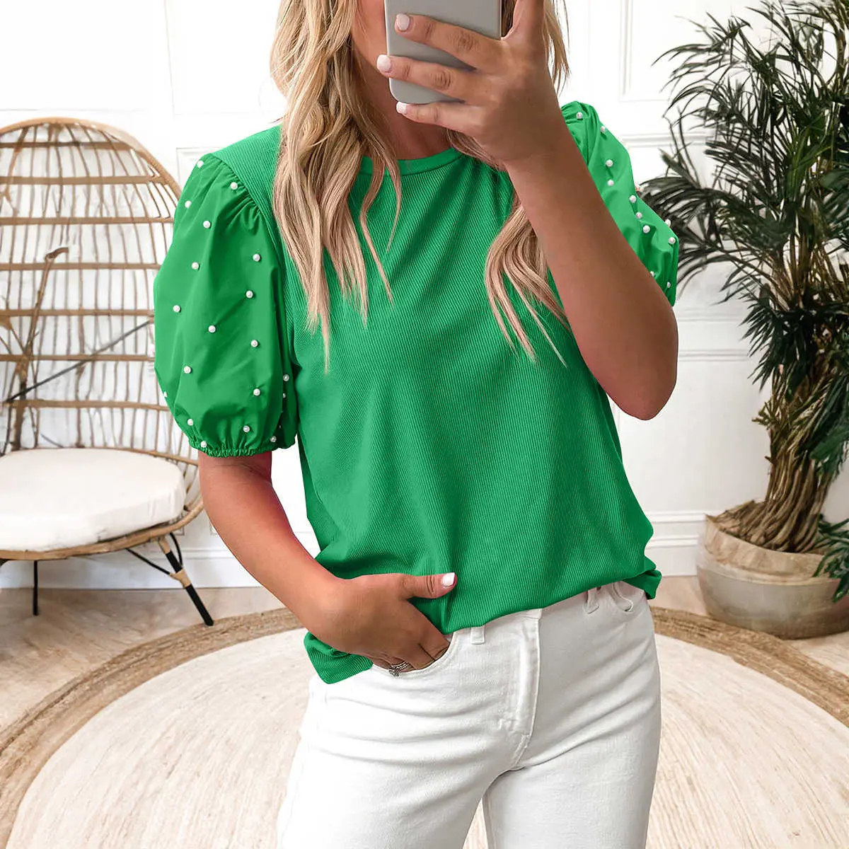 Women's Dressy Puff Sleeve Ribbed Blouse - Bright Green Elegant Stretchy Viscose-Elastane Top with Pearls, Comfortable Expandable Option for Country Wear