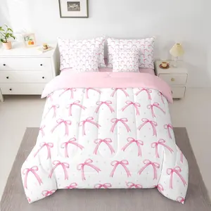 Feelyou 7-Piece Pink Bow Microfiber Bedding Set - Girls' Princess Style Bed-in-a-Bag with Breathable Comforter, Polka Dot Sheets, Pillowcases, Quilt Cover and Fluffy Printed Blanket (Soft Breathable Bedding)