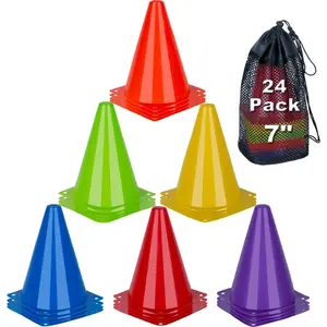 7 Inch Soccer Cones, 24 Pack Cones   Agility Field Marker Plastic Cones for Skating Basketball Football Practice Drills, Indoor Outdoor Activity Events  Obstacle Course - 6 Colors