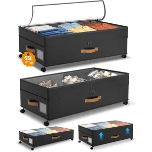 10 Inches 65L XXL Large Adjustable Rolling Under Bed Storage Containers with Wheels & Lids, Underbed Storage Bins for Shoes Clothes Blankets, Black