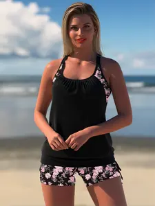 Women's Modest Swimsuit Tankini Set with Shorts Ruched Top Two Piece Beach Swimwear