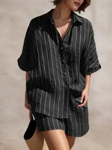 ZANZEA Women's Fashion Casual Set, Stand Collar Short Sleeve Striped Shirt Shorts Design, Perfect for Daily Travel Commuting, Womenswear, Lady, Streetwear