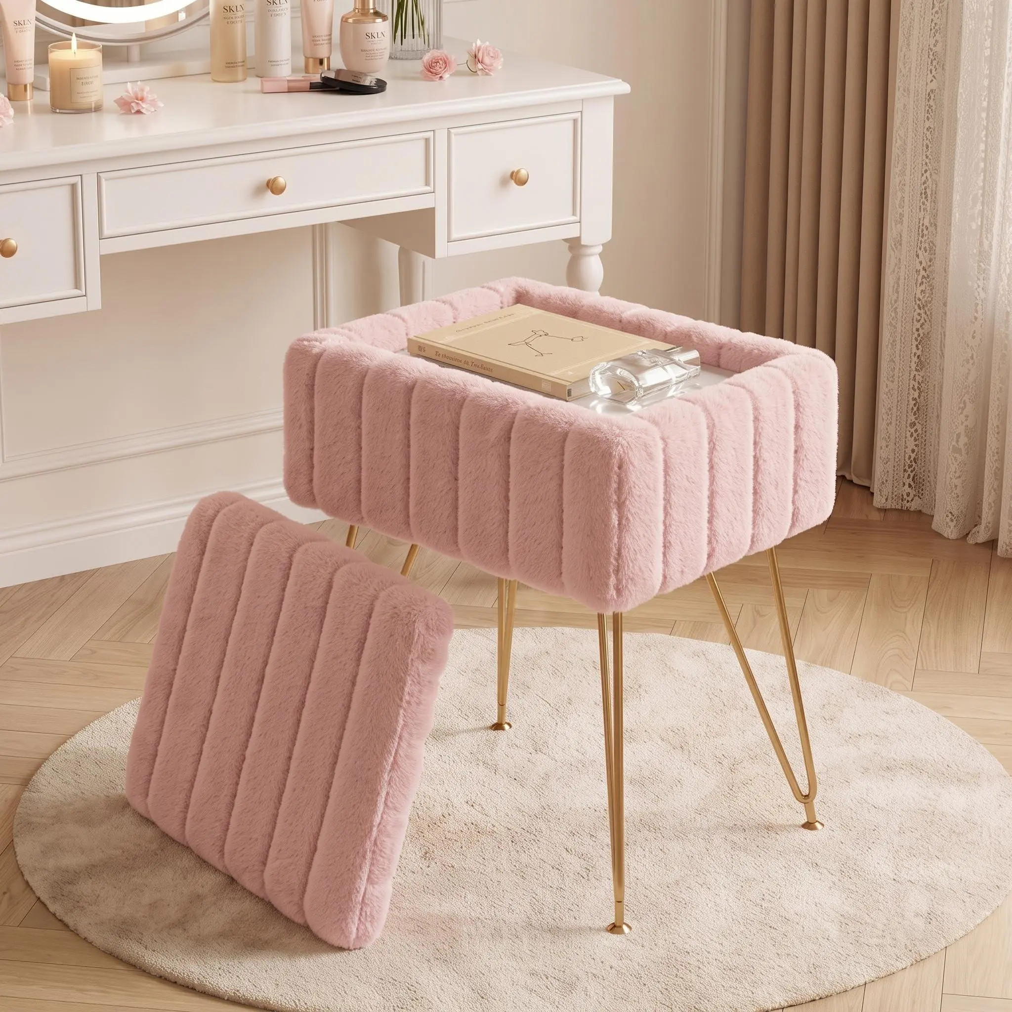GAOMON Vanity Stool with Storage, Faux Fur Ottoman with Metal Legs and Anti-Slip Feet, 15.7 x 11.8 x 18.7 Inches Soft Furry Padded Seat Foot Rest for Makeup Bedroom Living Room