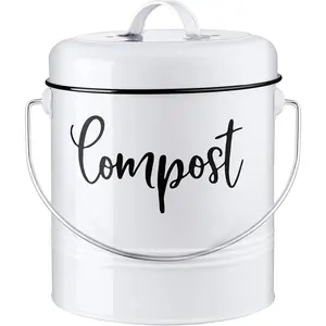 Compost Bin Kitchen, 1.3 Gallon Farmhouse Kitchen Compost Bin Countertop, Indoor Countertop Compost Bucket with Lid and Charcoal Filters, White