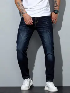 Men's Slim Fit Plain Cone-Washed Jeans, Denim, Low-Key Distressed Pants, Fitted Casual Long Pants, Suitable for Daily/Office/Street Styling, High-Quality Durable Stitching, Classic Fashion, Paired with Modern Tailoring, Designed Specifically for Men