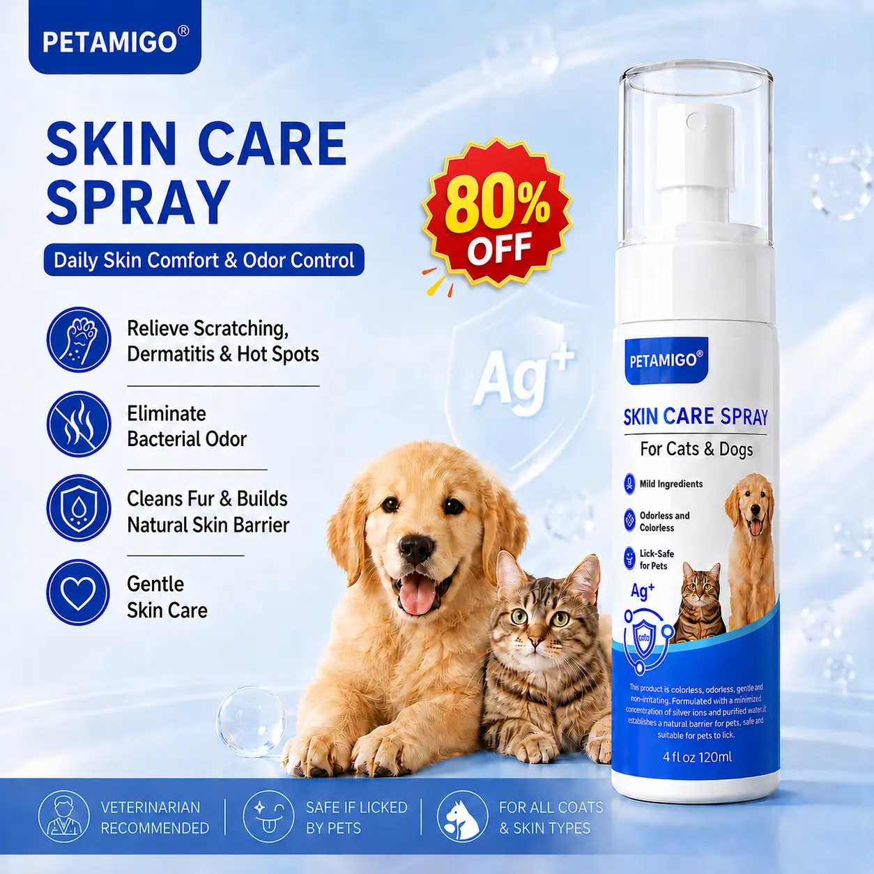 Relieve Scratching, Dermatitis & Hot Spots,Eliminate Bacterial Odor- Skin Care Spray for Dogs & Cats-PETAMIGO,Silver Ions Gentle Formula,Clean Fur and Build Natural Skin Barrier,Gentle Daily Care,Lick-safe For Pets #skin relief  petskin puppy coat