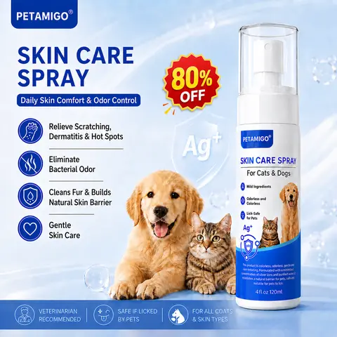 PETAMIGO Silver Ions Gentle 4fl oz(120ml) Colorless Dog & Cat Skin Care Spray - Purified Water Formula, Scratch Relief, Dermatitis & Hot Spots, Bacterial Odor Elimination, Fur Cleaning, Skin Barrier Support, Lick-Safe Gentle Daily Care, Outdoor-Ready
