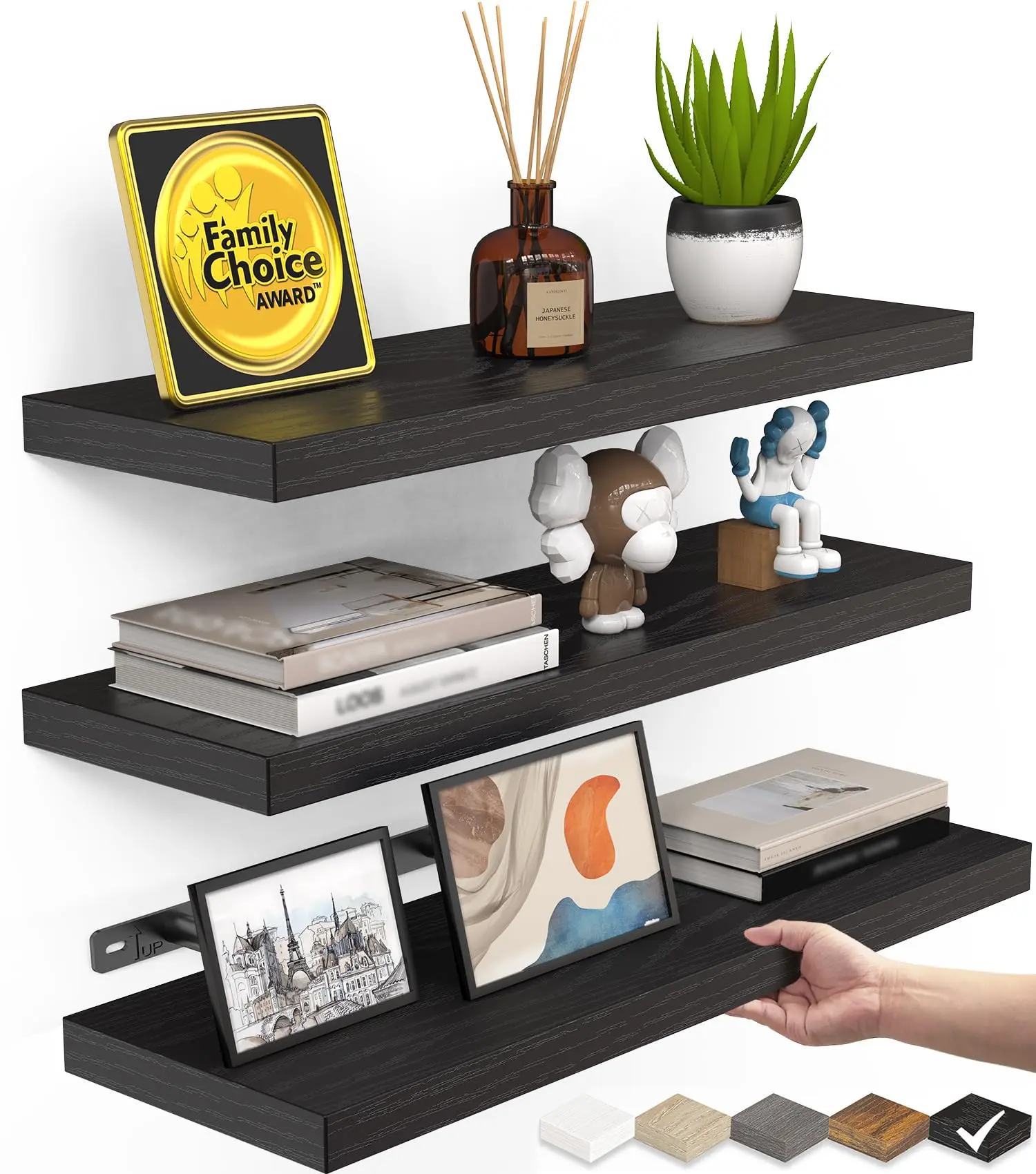 BAYKA 3-Piece Floating Shelves Set (16in) - Rustic Black Wood Wall Mounted Shelves, 22lbs Capacity Storage Organizer for Bathroom, Bedroom, Living Room & Kitchen Decor