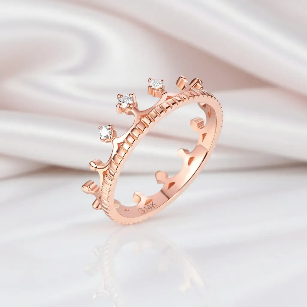 14k Rose Gold Crown Ring 0.04ct Diamond Option